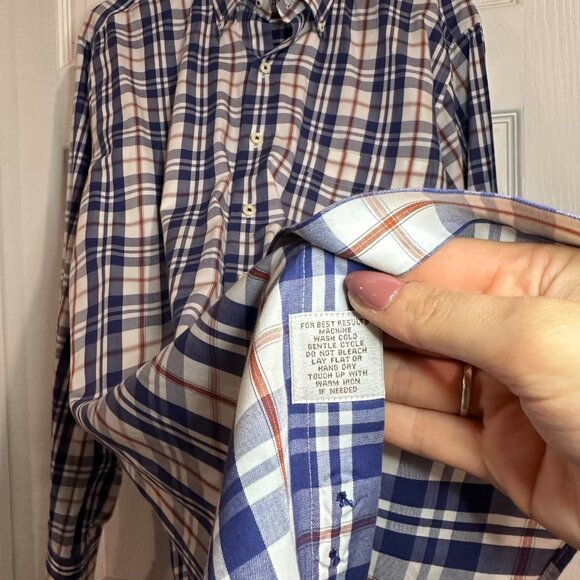 Peter Millar Shirt Mens Medium Blue Orange Check Plaid Button Down Colorful - Picture 4 of 4